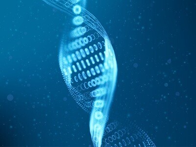 A stylized double helix with 1s and 0s forming the rungs to indicate digitization.